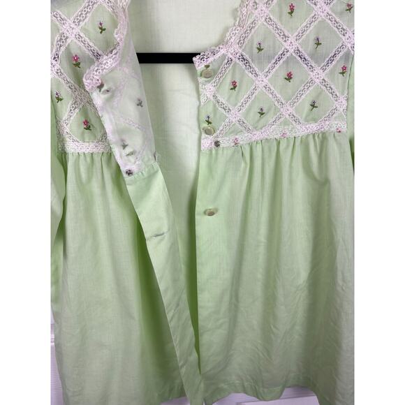 Vintage 50s 60s cotton embroidered green floral lace button up night shirt L - Picture 5 of 9